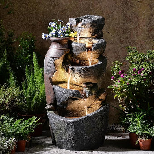 5-Tiers Cascading Rock Jar Water Fountain Outdoor, 31.7" H Outside Fountains and Waterfalls with 4 LED Lights for Patio, Deck, Porch, Backyard and Home Art Docor