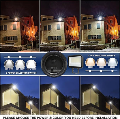LAMPHOME LED Flood Lights Outdoor 100/120/150W W and 3000/4000/5000K Adjustable 19500Lm,Dusk-to-Dawn Sensor o Dawn Flood Light for Yard, Garage, Garden,UL Listed,Includes Include Slip Fitter Mount