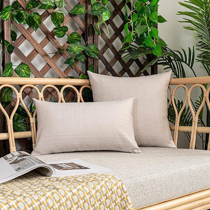 Kevin Textile Pack of 2 Decorative Outdoor Waterproof Throw Pillow Covers Checkered Pillowcases Classic Cushion Cases for Patio Couch Bench 16 x 16 Inch Light Beige