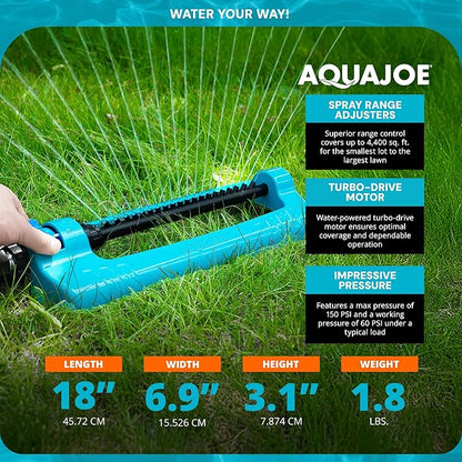 Aqua Joe SJI-OMS20 Jumbo Oscillating Sprinkler with Adjustable Spray and Metal Base, Up to 4,400-Square-Foot Coverage, 70-Foot Spray Distance, 63-Foot Spray Width