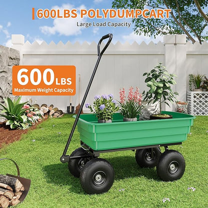 Garden Dump Cart - 600Lb Capacity Heavy Duty Yard Utility Garden Cart with Removable Dump Bed, All-Terrain Tires & 180° Adjustable Handle for Soil, Plants, Tools