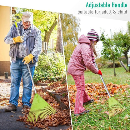 Colwelt Plastic Leaf Rake with 56'' Lightweight Stainless Steel Handle, 22Tines Plastic Head & Garden Gloves for Collecting Loose Debris
