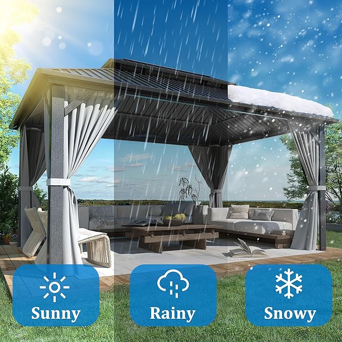 WKM 10x14 FT Hardtop Gazebo with Heavy Duty Galvanized Steel Double Roof, Aluminum Frame Permanent Pavilion with Curtains and Netting, Outside Canopy Gazebo for Patio, Deck and Backyard,Gray