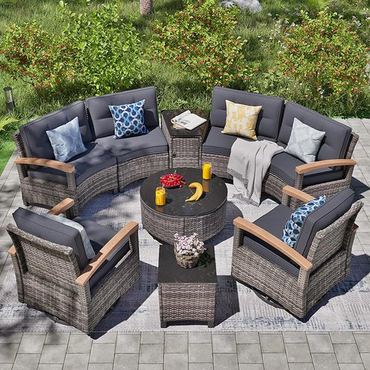 MEISSALIVVE 9-Piece Outdoor Patio Furniture Set, Half-Moon Curved Sectional Set with Wood Armrests, Patio Conversation Set, Tempered Glass Coffee & Side Tables (Grey)