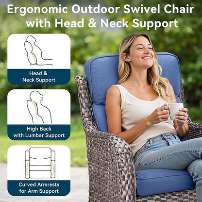 Luxury High Back Outdoor Furniture with 6-Inch Thick Cushions, Patio Furniture Set with Swivel Chairs, 5 PCS Wicker Conversation Set for Porch, Balcony, Deck and Yard