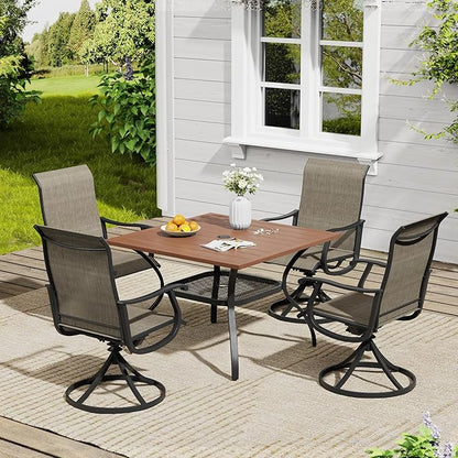 VICLLAX 5 Pieces Outdoor Dining Set, Patio Furniture Set of 4 Patio Swivel Dining Chairs and Square Patio Table with Storage Shelf, Mixed Brown Chairs & Walnut Tabletop