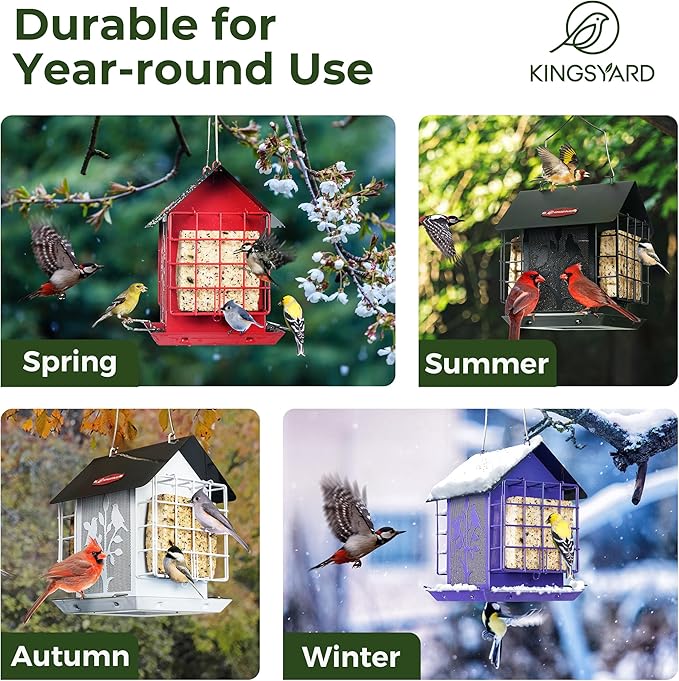 Kingsyard Metal Bird Feeder for Outdoor Hanging, Wild Bird Feeder with Double Suet Cage, Weatherproof Roof and 3 lbs Large Seed Capacity, Black