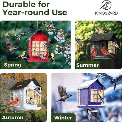 Kingsyard Metal Bird Feeder for Outdoor Hanging, Wild Bird Feeder with Double Suet Cage, Weatherproof Roof and 3 lbs Large Seed Capacity, Black