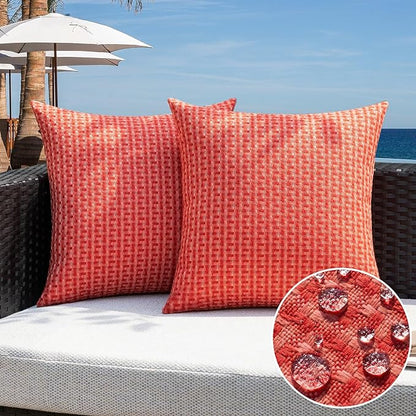 Kevin Textile Outdoor Waterproof Throw Pillow Covers Pack of 2 Farmhouse Decorative Cushion Covers for Garden Patio Tent Balcony Bench Couch Sofa 22x22 Inch, Red