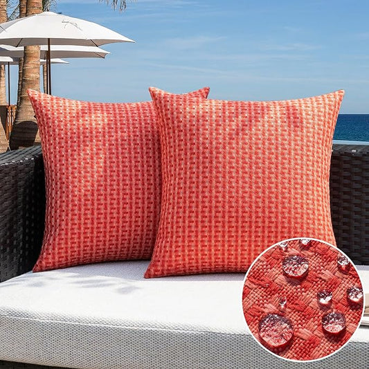 Kevin Textile Outdoor Waterproof Throw Pillow Covers Pack of 2 Weaving Texture Water Resistant Outside Decorative Cushion Covers for Garden Patio Tent Balcony Bench Couch Sofa 16x16 Inch, Red