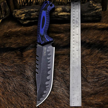 BA-KOR 12.4in Full Tang Fixed Blade Hunting Knife – 6mm 9CR18MoV Steel, G10 Handle, Stonewashed Sawback Blade with Kydex Sheath & Fire Starter for Outdoor, Camping, Survival (Blue and black stripes)