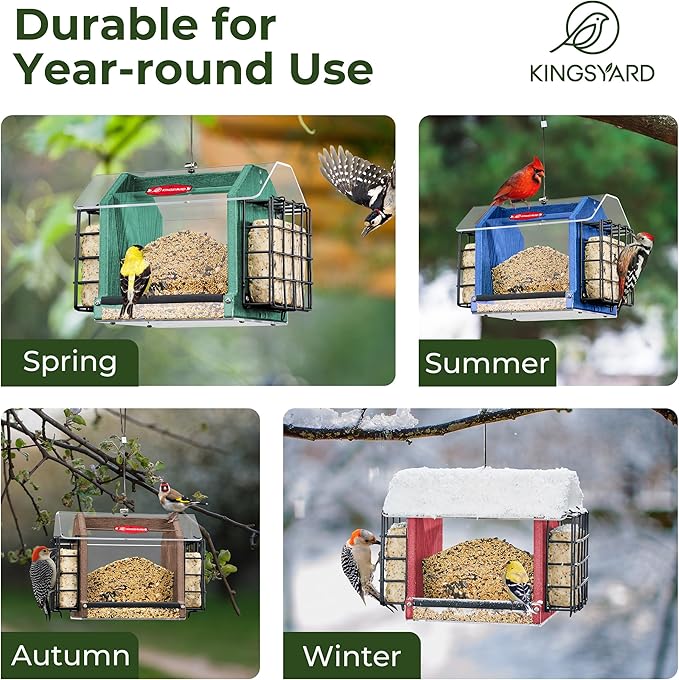 Kingsyard Hopper Bird Feeder for Outdoors Hanging, Recycled Plastic Double Suet Feeder with Clear View Windows, 3 LBS Seed, Cardinal Woodpecker Bluebird Feeder, Brown