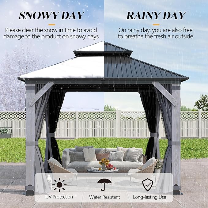 GARTOO 10' x 10' Outdoor Wood Gazebo - Permanent Wooden Hardtop Gazebo Pavilion with Double Curtains, Galvanized Steel Roof Cedar Wood Gazebos for Garden, Backyard Deck, Lawn, Poolside