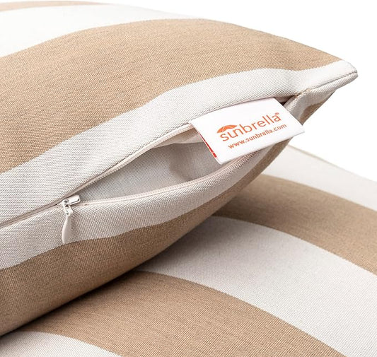 Austin Horn Classics Sunbrella Maxim Heather Beige - Cabana Stripe, Zippered & Reversible 18-inch x 18-inch Pillow Cover ONLY (Set of 2) Indoor/Outdoor Easy Clean Fill Sold Seperately