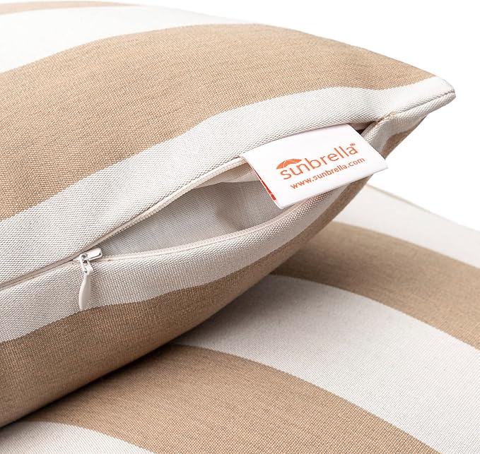 Austin Horn Classics Sunbrella Maxim Heather Beige - Cabana Stripe, Zippered & Reversible 20-inch x 20-inch Pillow Cover ONLY (Set of 2) Indoor/Outdoor Easy Clean Fill Sold Seperately