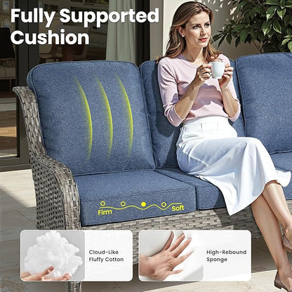 ovios 7 Pieces Patio Furniture Set, Outdoor Wicker Sofa Couch with Swivel Chairs 42" Fire Pit Table, High Back All Weather Modern Conversation Sets, Grey Rattan, Denim Blue