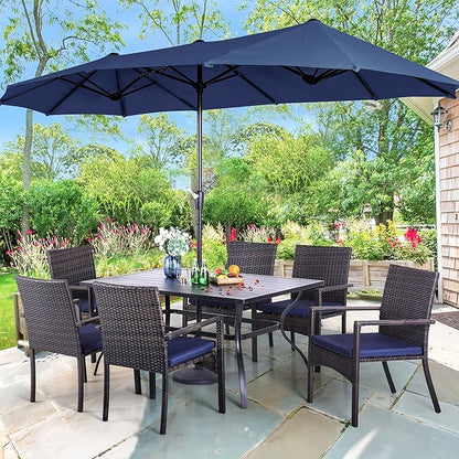 PHI VILLA 7 Piece Patio Dining Furniture Set with Umbrella, 60” Rectangular Metal Dining Table & 6 Cushioned Rattan Wicker Chairs & 13ft Large Blue Umbrella for Outdoor, Deck, Yard, Porch