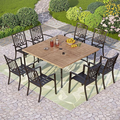 PHI VILLA 9-Piece Outdoor Dining Set, Retangualr Metal Table (60") with Umbrella Hole and 8 Stackable Dining Chairs – Perfect for Patio, Garden, Deck, Porch, and Yard, 9PCS Outdoor Dining Set Style 2