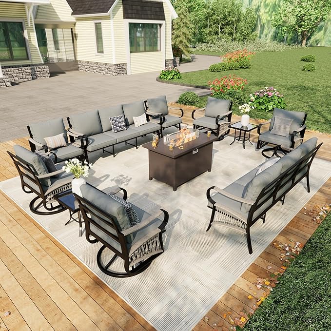 11 Pieces Patio Conversation Sets, All Weather Metal Outdoor Furniture Set, 2 Three-Seater, 4 Swivel Rockers, 2 Single Chairs, 2 Side Tables, 1 Fire Pit Table for Backyard Deck Porch Poolside, Gray