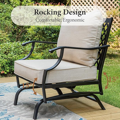 Patio Furniture Set with Firepit Table, 4 Pcs Metal Outdoor Conversation Set, 2 Rocking Chairs and 3 Seater Sofa with 5.75" Extra Thick Cushion and Gas Fire pit Table for Backyard Deck, Beige