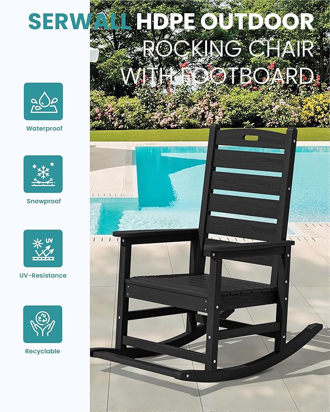 SERWALL Outdoor Rocking Chair Set of 4, Oversized HDPE Patio Rocking Chair with Footrest for Adults, All Weather Porch Rocker for Deck Patio Balcony, Black