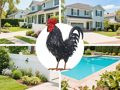 Rooster Garden Statue Sculpture Metal Chicken Yard Decor Outdoor Figurines Patio Backyard Decoration (Black)