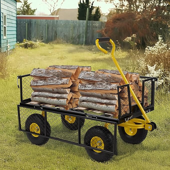 Finnhomy Heavy Duty 1000 Lbs Capacity Mesh Steel Garden Cart, Pullable Garden Wagons Carts on Wheels, Folding Utility Wagon with Removable Sides for Outdoor, Yard, Lawn, Yellow