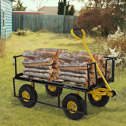 Finnhomy Heavy Duty 1000 Lbs Capacity Mesh Steel Garden Cart, Pullable Garden Wagons Carts on Wheels, Folding Utility Wagon with Removable Sides for Outdoor, Yard, Lawn, Yellow