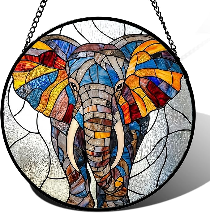 Stained Glass Window Hanging, Colorful Elephant Sun Catcher for Door Home Decor Animal Suncatcher Christmas Mother's Day Birthday Gifts for Women Men Mom and Nana 6.3 in