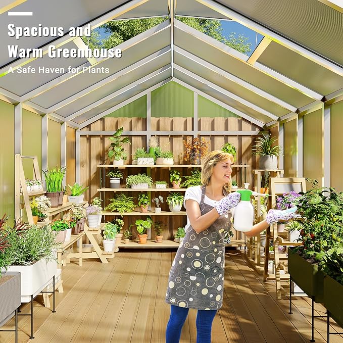 8x12 FT Greenhouse, Easy Assembly Aluminum Polycarbonate Greenhouses for Outdoors with Roof Vent, Large Aluminum Walk-in Greenhouse for Sunroom Patio, Backyard, Garden, Sliding Lockable Door, Silver