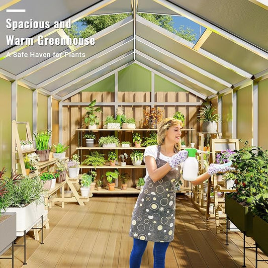 8x12 FT Greenhouse, Easy Assembly Aluminum Polycarbonate Greenhouses for Outdoors with Roof Vent, Large Aluminum Walk-in Greenhouse for Sunroom Patio, Backyard, Garden, Sliding Lockable Door, Silver