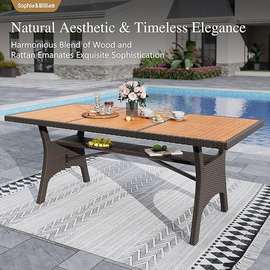 Sophia & William 74 inch Outdoor Dining Table, Acacia Wood & Wicker Patio Dining Table for 6-8 Person, Metal Legs & Adjustable Foot Pads, Large Rectangular Table for Garden, Porch, Backyard