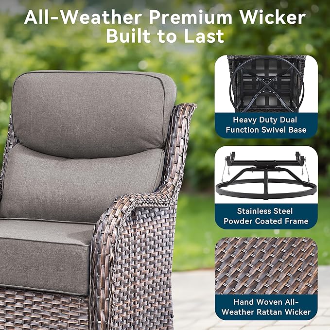 Luxury High Back Outdoor Furniture 6-Inch Thick Cushions with 50,000 BTU Gas Propane Fire Pit Tablet, Patio Furniture Set with Swivel Chairs, 6 PCS for Porch, Balcony, Deck and Yard