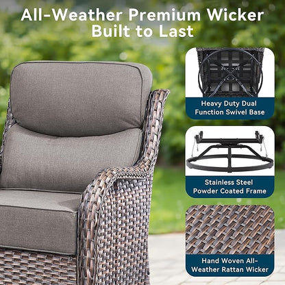 Luxury High Back Outdoor Furniture with 6-Inch Thick Cushions, Patio Furniture Set with Swivel Chairs, 6 PCS Wicker Conversation Set for Porch, Balcony, Deck and Yard