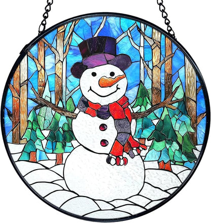 TNUW Snowman Christmas Stained Glass Window Hanging, Rustic Winter Xmas Snowman Sun Catchers Indoor Window Glass Round Wall Art Decor, Christmas Sculptures, Statues, Suncatchers, 7.9＂x7.9＂