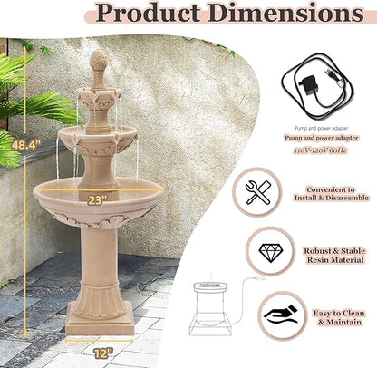 MAGIC UNION Outdoor Garden Water Fountains, 48.4''H Italian Style Fountains and Waterfalls Outside, 3-Tier Large Bubbler Cascading Indoor Floor Water Fountain Features with Pump for Home Yard Decor