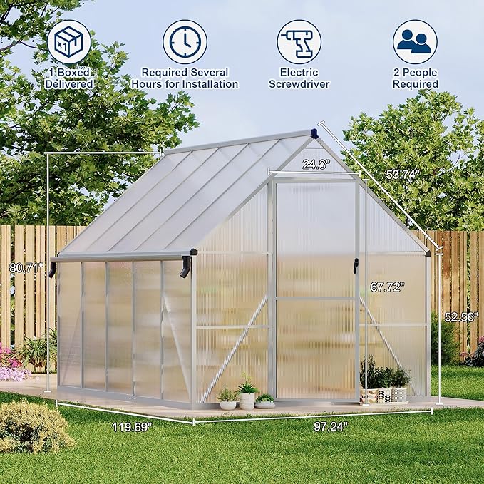 8X10 ft Polycarbonate Greenhouse with Aluminum Frame, Polycarbonate Greenhouse for Outdoors, Greenhouses with Ventilation and Rain Gutter, Aluminum Large Walk-in Greenhouses for Outside