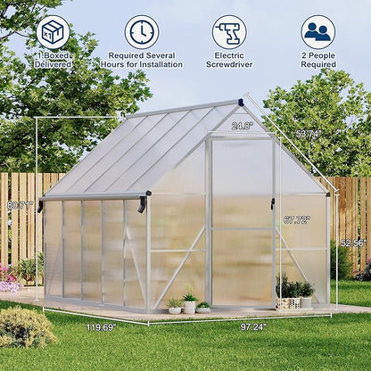 8X10 ft Polycarbonate Greenhouse with Aluminum Frame, Polycarbonate Greenhouse for Outdoors, Greenhouses with Ventilation and Rain Gutter, Aluminum Large Walk-in Greenhouses for Outside