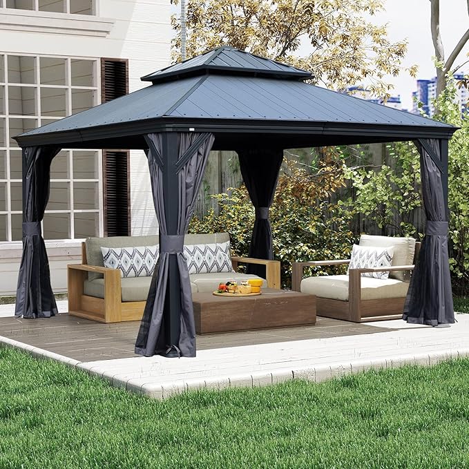 Domi 12’x12’ Hardtop Gazebo with Gutters, Outdoor Patio Gazebo Canopy with Resin & Metal Roof, Heavy Duty Permanent Pavilion for Backyard, Deck, Hot Tub, Curtains and Mosquito Netting Included