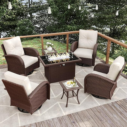 7 Pieces Patio Furniture Sets with Fire Pit Table, Wicker Rattan High Back Outdoor Swivel Rocking Chairs Set with Side Table