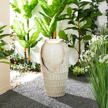 Glitzhome 28.25" H Oversized Ceramic Petals Textured Jar Outdoor Water Fountain, Vintage Sand Beige Glaze Vase Patio Garden Waterfall Fountain with LED Light and Submersible Pump