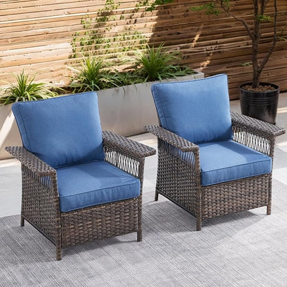 Wicker Outdoor Chairs Set of 2 - Hollow Widen Armrests Patio Furniture Set with Comfortable Thickened Cushion, High Back Outdoor Rattan Chairs for Balcony Porch Deck and Yard - Brown/Blue