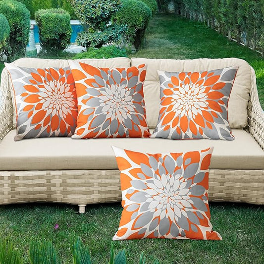 Qahing Pack of 4 Fall Outdoor Waterproof Pillow Covers 20x20 Decorative Outdoor Throw Pillows Garden Square Cushion Cases for Patio Furniture, Couch, Tent Sunbrella, Bench, Orange Grey