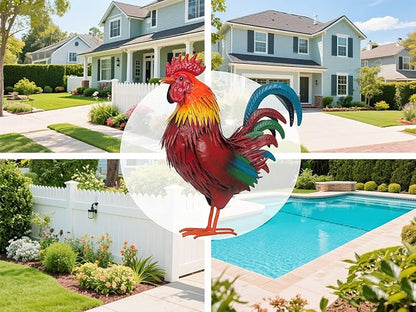 Rooster Garden Statue Sculpture Metal Chicken Yard Decor Outdoor Figurines Patio Backyard Decoration (red)