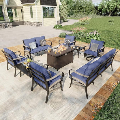 9 Pieces Modern Patio Furniture Set, All Weather Metal Outdoor Conversation Sets with Fire Pit Table for Backyard Garden Deck Porch Poolside, Blue