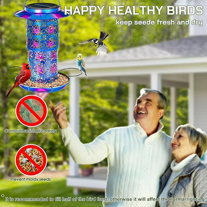 XDW-GIFTS Bird Feeder for Outdoors Solar Hanging Bird Feeder Bird House with Cardinal Feeder Large Capacity Metal Wild Bird Feeder for Garden Decor Unique Gifts & Patio Decor (Blue, 10.5 INCH)