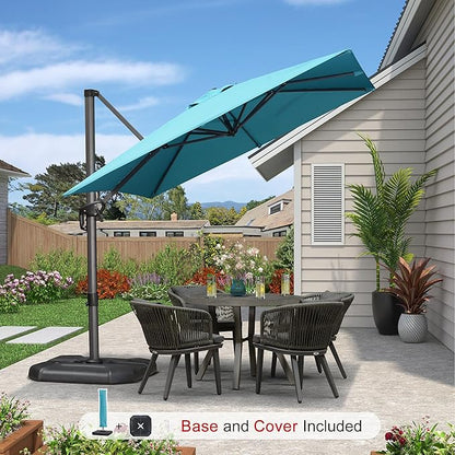PURPLE LEAF 8'×8' Patio Cantilever Umbrella with Base Included Offset Outdoor Umbrella with cover Square umbrella outdoor patios for Backyard Pool Garden Turquoise Blue