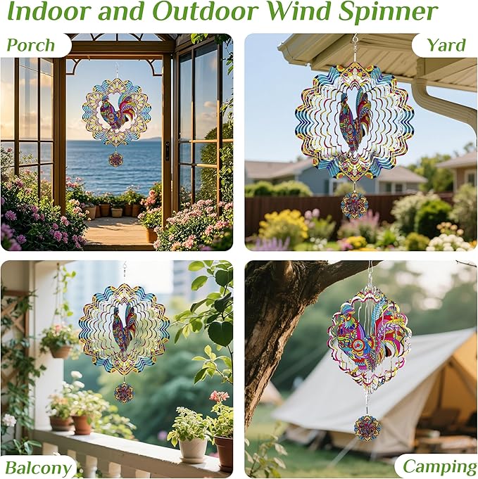 Wind Spinners Outdoor Hanging Rooster - Metal Chicken Gifts for Mom Women Grandma Men, 11.5 Inch 3D Stainless Steel Laser Cut Art Kinetic Wind Spinner for Indoor/Garden Porch Yard Decor
