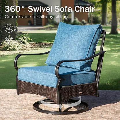 PHI VILLA Outdoor Patio Furniture Set, Upgraded Wicker&Metal Patio Conversation Set with Waterproof Thick Cushions for Porch, Poolside, Deck, and Yard (4 Pieces,Navy)