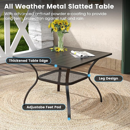 DIFY 5 Pieces Outdoor Patio Dining Set for 4, 37.8" Black Metal Square Dining Table and 4 Blue Textilene Patio Swivel Chairs, Outdoor Table and Chairs